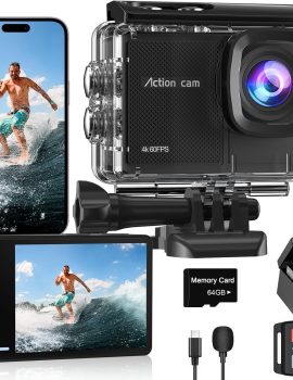4K60FPS Waterproof Action Camera, 131ft Waterproof Camera Underwater with 64GB Card, 48MP Motorcycle Camera with 8X Zoom, EIS Helmet Camera, Sports Camera with Remote Control,2 * 1350mAh Batteries