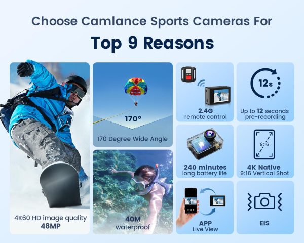 4K60FPS Waterproof Action Camera, 131ft Waterproof Camera Underwater with 64GB Card, 48MP Motorcycle Camera with 8X Zoom, EIS Helmet Camera, Sports Camera with Remote Control,2 * 1350mAh Batteries - Image 5