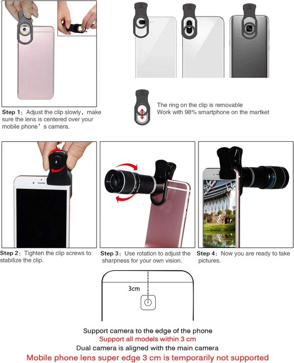 Cell Phone Camera Lens Kit,11 in 1 Universal 20x Telephoto 0.63Wide Angle 15X Macro 198°Fisheye 2X Telephoto Kaleidoscope CPL Starlight Eyemask Tripod,for Most iPhone Smartphone (Black) - Image 2