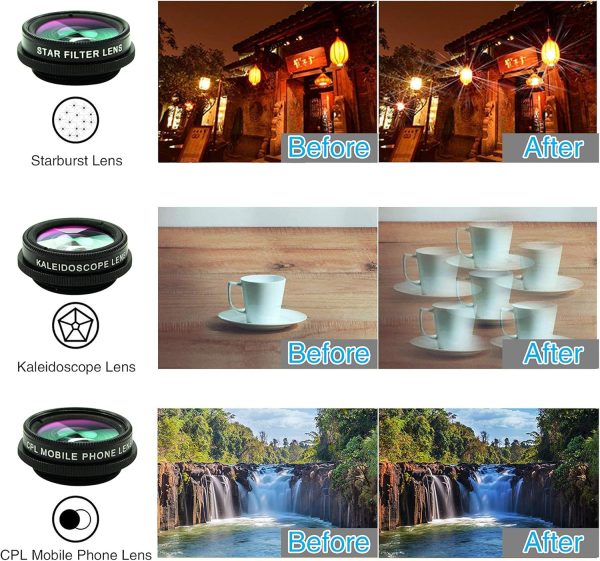 Cell Phone Camera Lens Kit,11 in 1 Universal 20x Telephoto 0.63Wide Angle 15X Macro 198°Fisheye 2X Telephoto Kaleidoscope CPL Starlight Eyemask Tripod,for Most iPhone Smartphone (Black) - Image 6